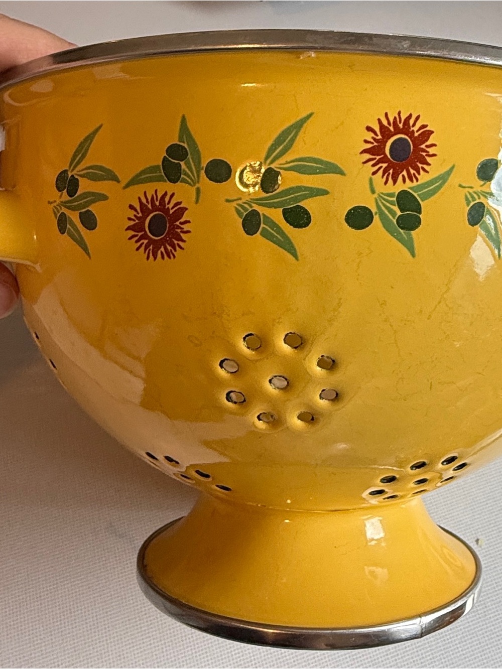 Yellow Floral Enamel Colander - Decorative Kitchen Accent